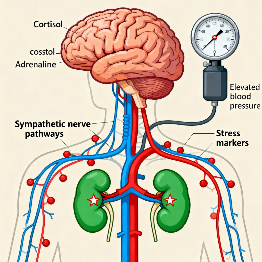 Stress hormone pathway: Hypoxia activates HPA axis and sympathetic nervous system, releasing cortisol and catecholamines that affect kidney function and blood pressure regulation