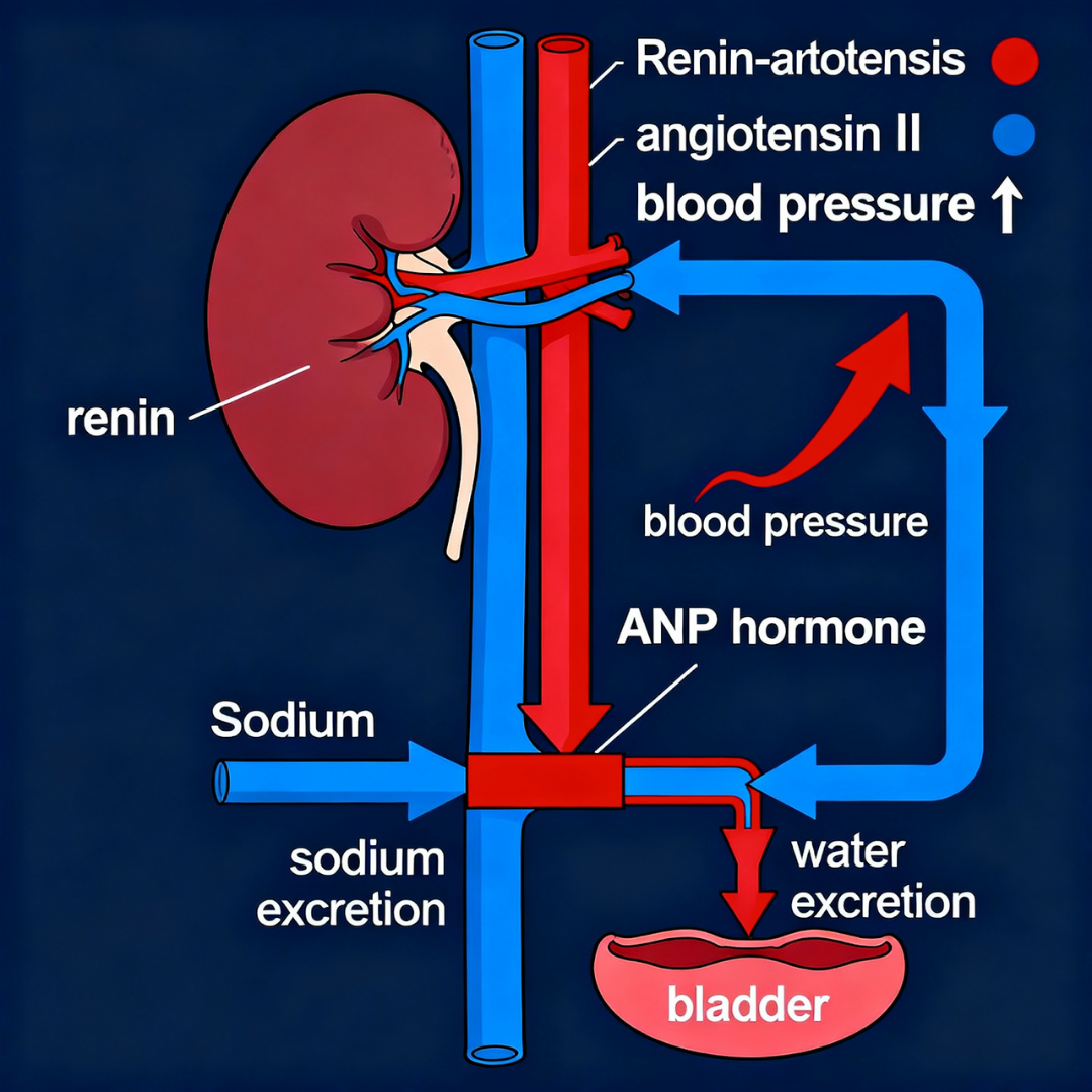 Renal hormonal pathway: RAAS activation increases blood pressure while ANP/BNP override this system, promoting excessive sodium and water excretion at night