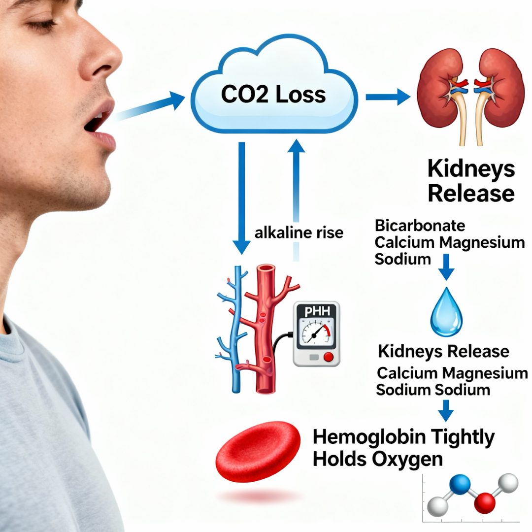 Respiratory alkalosis mechanism: Mouth breathing causes CO2 loss and alkaline blood pH, triggering renal compensation with mineral loss and impaired oxygen delivery to tissues
